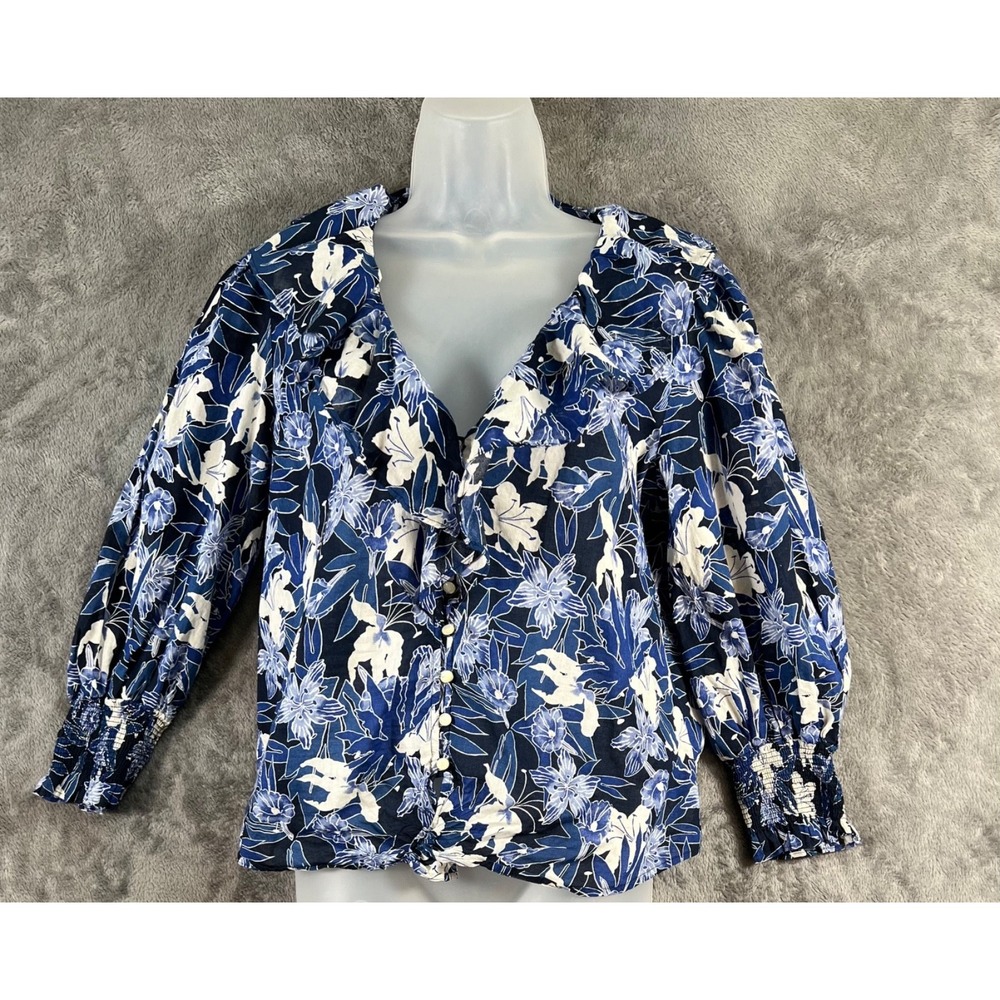 Lauren Ralph Lauren Poet Blouse Medium Blue Floral 3/4 Sleeve Button Up Shirt